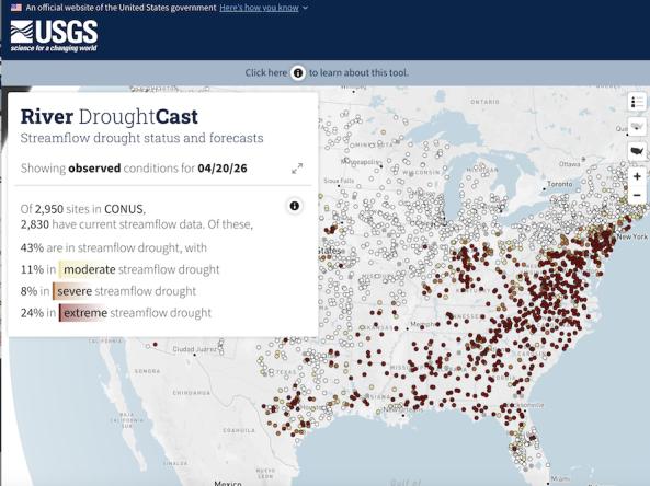 Screenshot of the River DroughtCast tool, showing a map of CONUS with observed streamflow conditions.