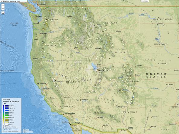 Example SNOTEL snow depth map of the western U.S.