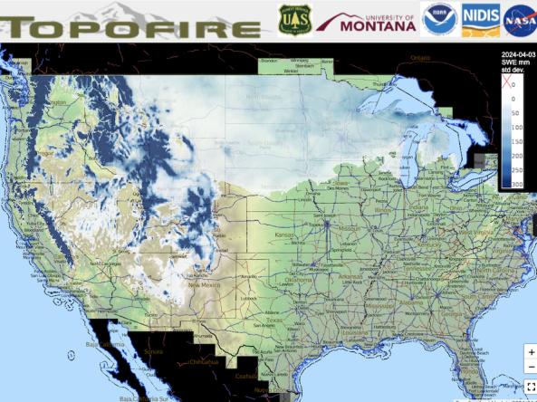 Topofire interactive map showing snow water equivalent.