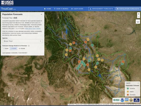 Screenshot of TroutCast tool showing colored dots on a map of Montana's rivers. The dots represent population forecasts for brown trout.