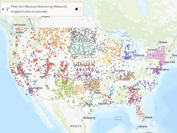 Map of the lower 48 states showing soil moisture networks that are sharing their locations.