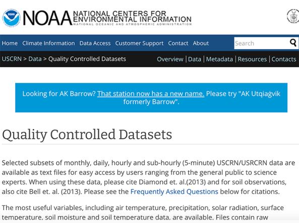 Preview of USCRN quality controlled datasets web page