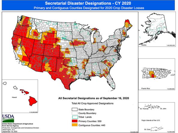 USDA Secretarial disaster Designations map for CY 2020