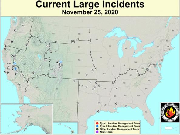 U.S. map showing active large fire incidents