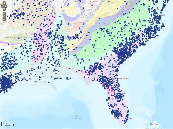 Example map generated with the NGWMN Data Portal, showing groundwater sites and aquifer systems in the Southeast U.S.