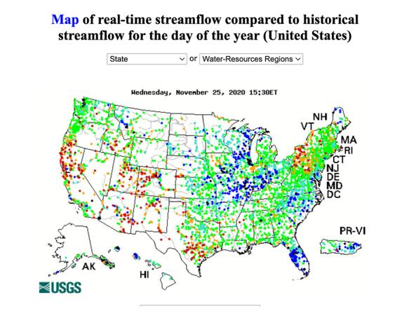 USGS WaterWatch map of real-time streamflow in the U.S.