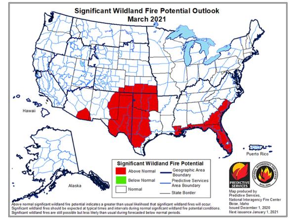 Example National Significant Wildland Fire Potential Outlook map of the U.S.