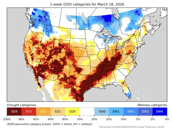 Example map of 1-week EDDI across the lower 48 states, northern Mexico, and southern Canada.