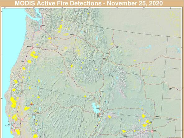 Map of Western U.S. showing MODIS active fire detections