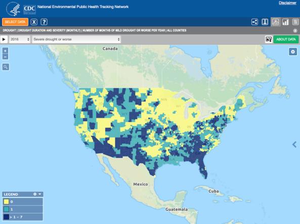 Example map in the Tracking Network Data Explorer showing U.S. drought conditions