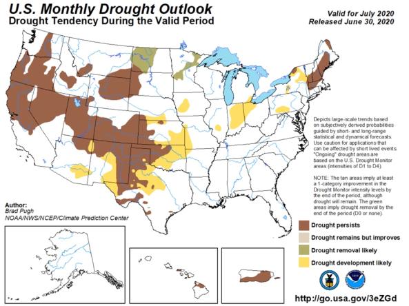 Representative map of CPC's one-month drought outlook for the United States, showing forecasted changes in drought