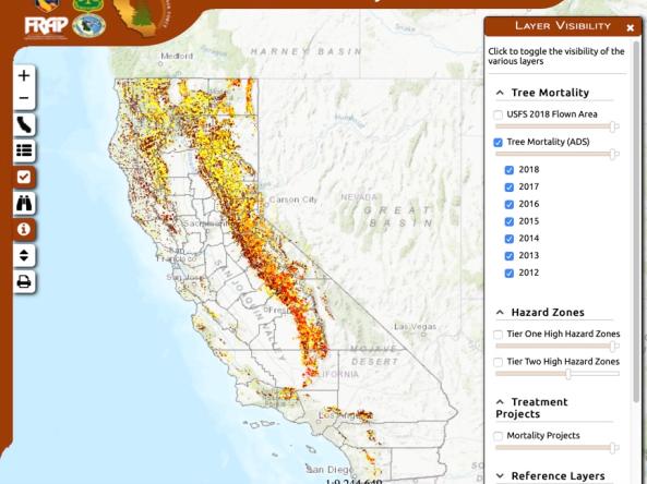 Tree Mortality Viewer map of California with colored dots representing dead trees per acre