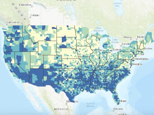 CDC Social Vulnerability Index map of the United States for 2016