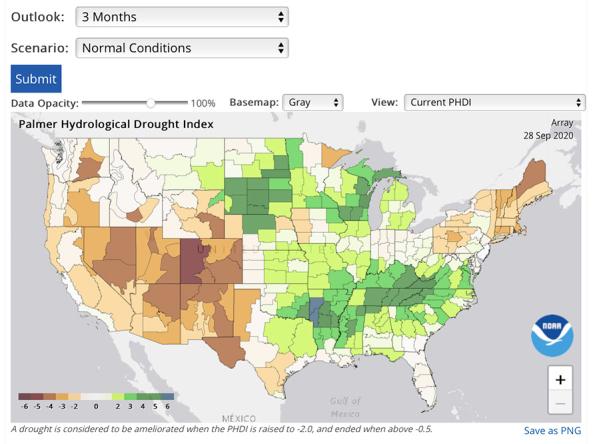 Example Projected Palmer Hydrological Drought Index map