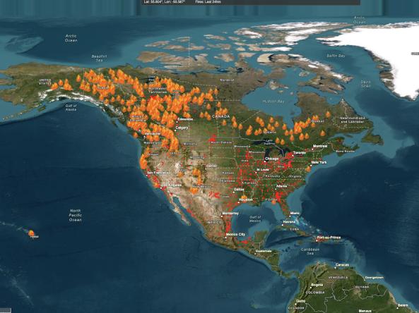 Example FIRMS US/Canada map, showing active fires and hotspots for the U.S. and Canada.