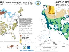 Two map images showing the old CPC seasonal drought outlook (top) and the new, redesigned seasonal drought outlook (bottom). The new outlooks features a streamlined display, new color scheme, and a new "drought worsens" category.