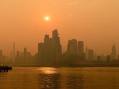 Sunrise over NYC during Canadian Wildfire Smoke Event, from Hoboken, New Jersey. Photo credit: Brian Youchak, Shutterstock.