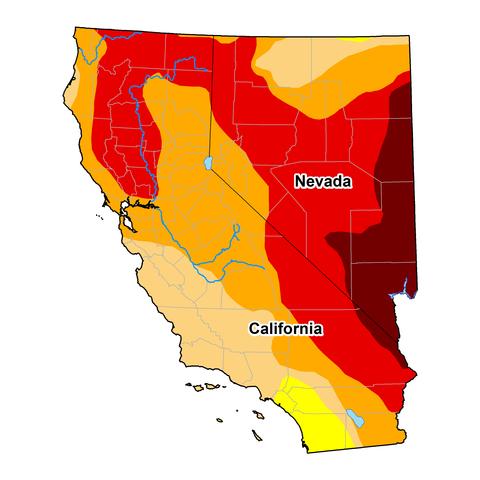 U.S. Drought monitor map of California and Nevada, as of December 15, 2020. Shows drought conditions throughout most of California and Nevada, including Exceptional Drought (D4) in eastern Nevada.