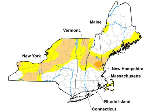 U.S. Drought Monitor map of the Northeast. Valid December 15, 2020. Shows moderate drought in parts of Maine, New Hampshire, New York, and Vermont, as well as some severe drought in southeastern New Hampshire.