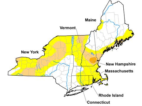 U.S. Drought Monitor map of the Northeast, showing the presence of abnormally dry (D0) conditions through severe drought (D2). Valid December 8, 2020.