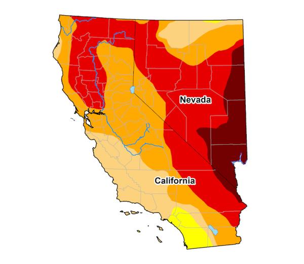 U.S. Drought Monitor for CA/NV for December 29, 2020, showing over 95% of each state in drought.