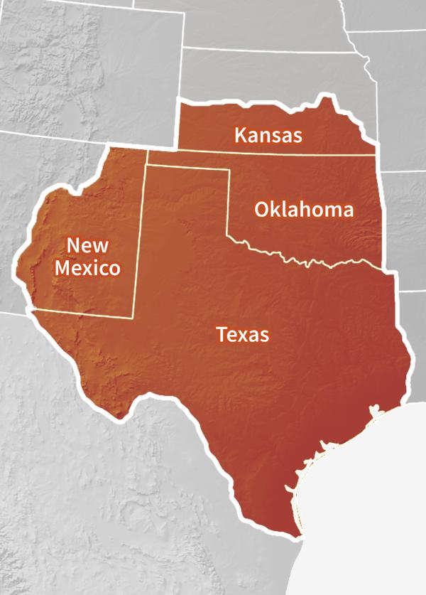 Map of the Southern Plains DEWS region, which includes Oklahoma, Texas, and parts of Kansas and New Mexico