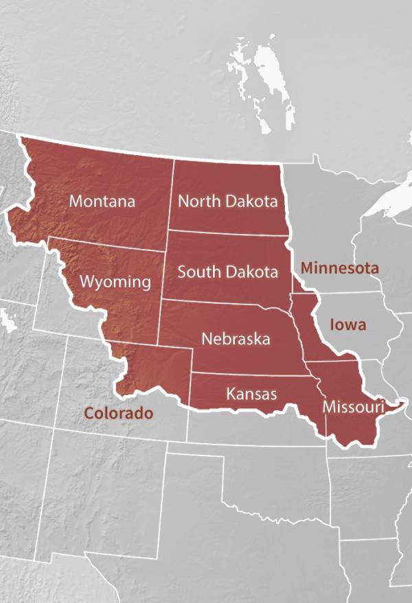 The Missouri River Basin DEWS region includes Montana, Nebraska, and South Dakota, as well as parts of Colorado, Iowa, Kansas, Missouri, Minnesota, North Dakota, and Wyoming.