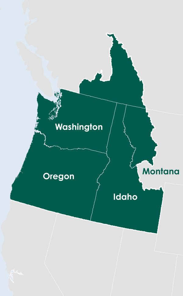 Map of the Pacific Northwest DEWS region, which includes Idaho, Oregon, Washington, and part of Montana.