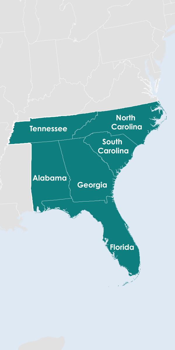 The Southeast DEWS includes Alabama, Florida, Georgia, North Carolina, South Carolina, and Tennessee.