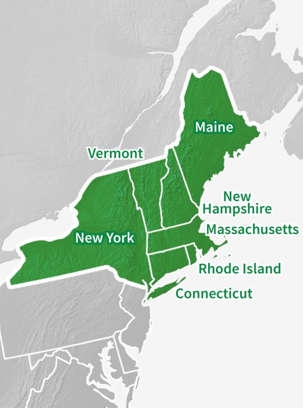 Map of the Northeast DEWS region, including Connecticut, Maine, Massachusetts, New Hampshire, New York,  Rhode Island, and Vermont.