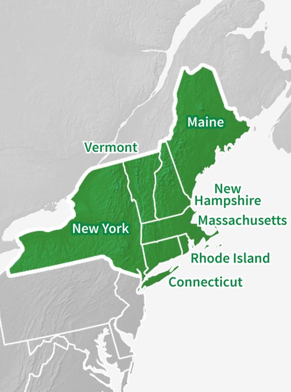 Map of the Northeast DEWS region, including Connecticut, Maine, Massachusetts, New Hampshire, New York, Rhode Island, and Vermont.