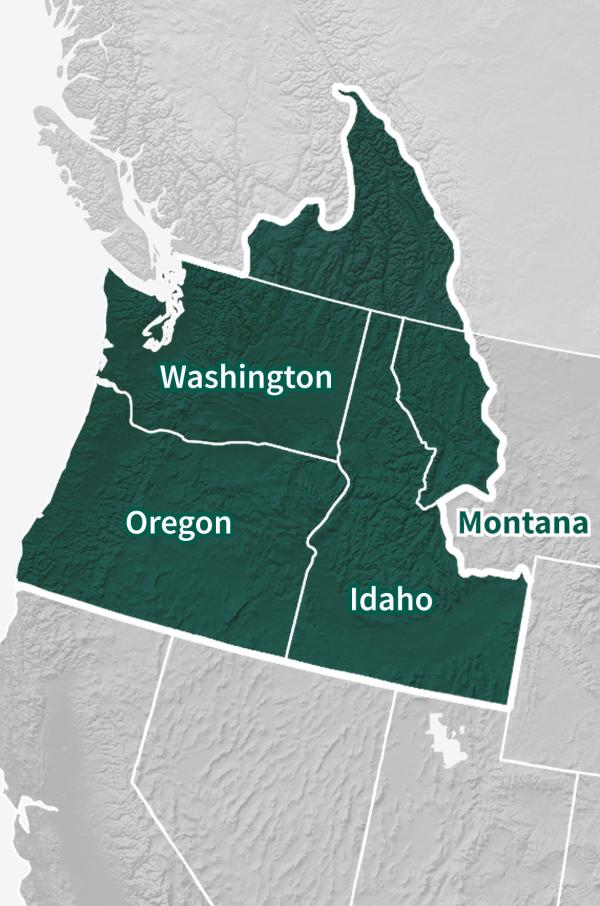 Map of the Pacific Northwest DEWS region, which includes Idaho, Oregon, Washington, and part of Montana