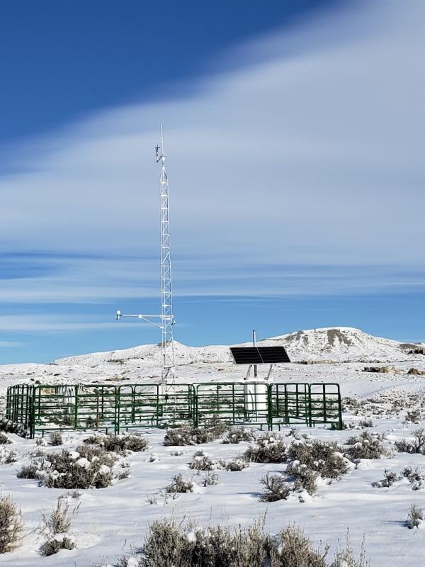A Wyoming mesonet station installed as part of the UMRB build-out in the snow, Dec 19, 2022. Image Credit: University of Wyoming.