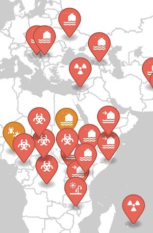 Example map of alert and ongoing disasters in Africa and Europe from ReliefWeb