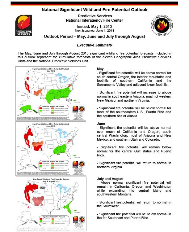 first page of National Significant Wildland Fire Potential Outlook, May 2013