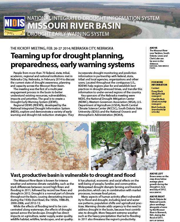 front of two-pager shows text, map of Missouri Basin, image of National Guard placing sandbags during flood