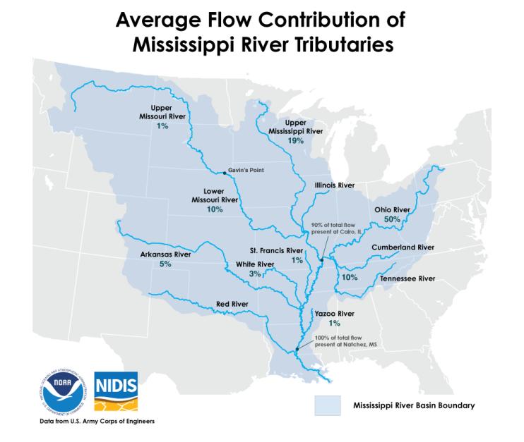 Contribution of specific rivers to the overall water flow in the Mississippi. 