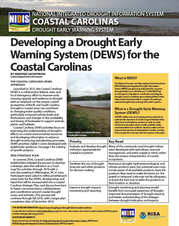 first page of outlook on developing a DEWS for the Coastal Carolinas