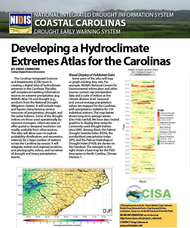 first page of outlook on Developing a Hydroclimate Extremes Atlas for the Carolinas showing title, body text, header image, and NIDIS logo