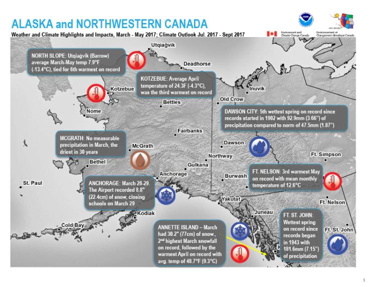 Title slide from presentation on Quarterly Climate Impacts and Outlook for Alaska and Northwestern Canada, June 2017 showing the title, NOAA, Environment and Climate Change Canada logos on a background of a gray temperature map of Alaska