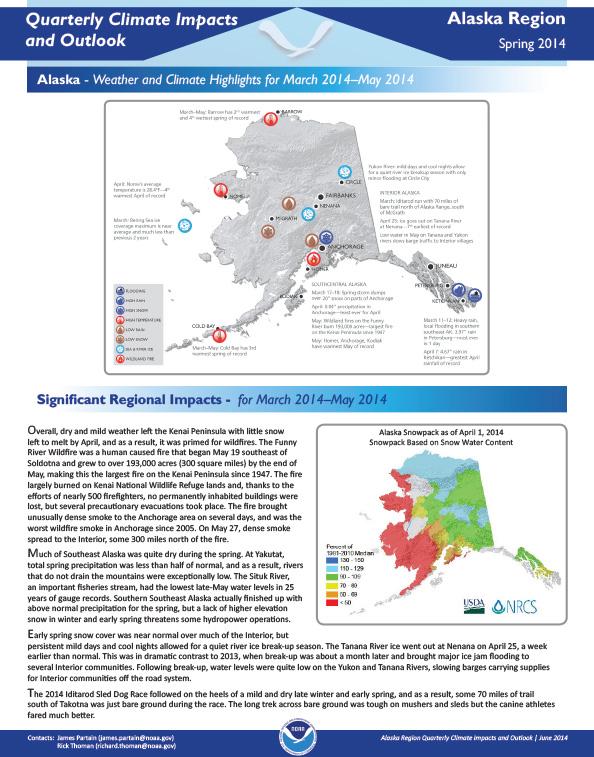 first page of two-pager on Quarterly Climate Impacts and Outlook for the Alaska Region, March - May 2014