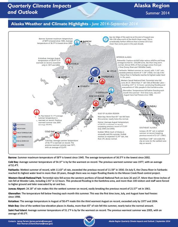 first page of two-pager on Quarterly Climate Impacts and Outlook for the Alaska Region, Summer 2014