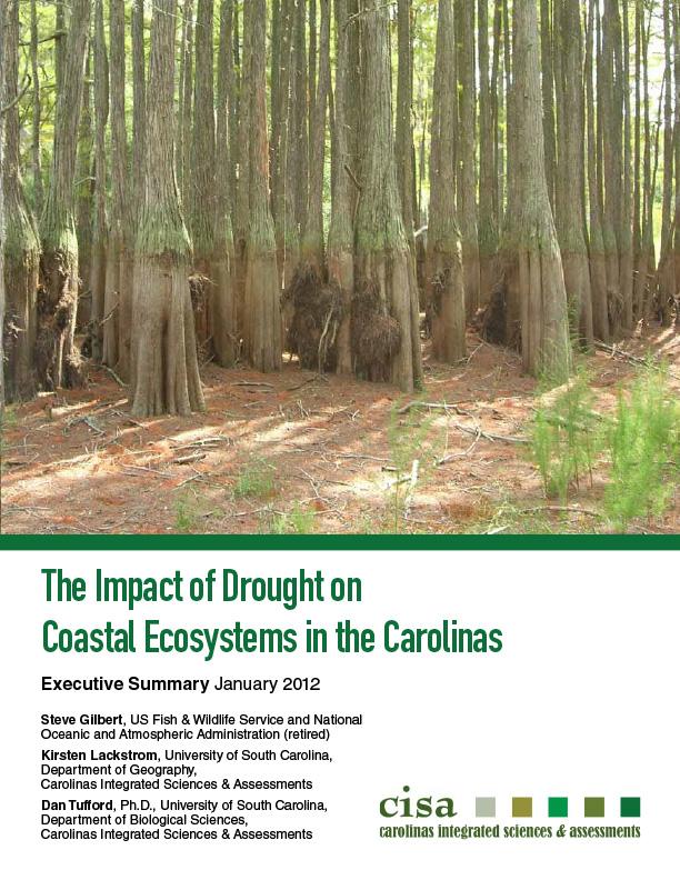 Front cover of the Impacts of Drought on Coastal Ecosystems in the Carolinas. Cover shows an image of trees in relation to previous water height.