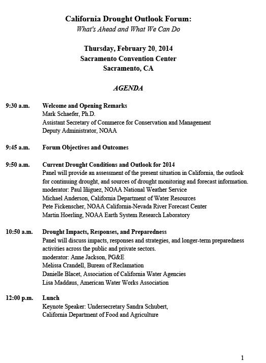 first page of February 2014 California Drought Outlook Forum agenda