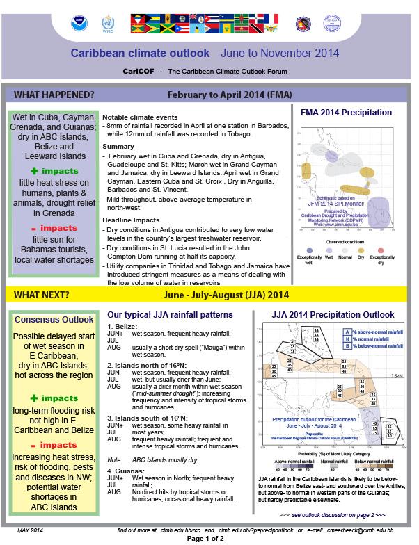 first page of two-pager on Caribbean Climate Outlook, June to November 2014