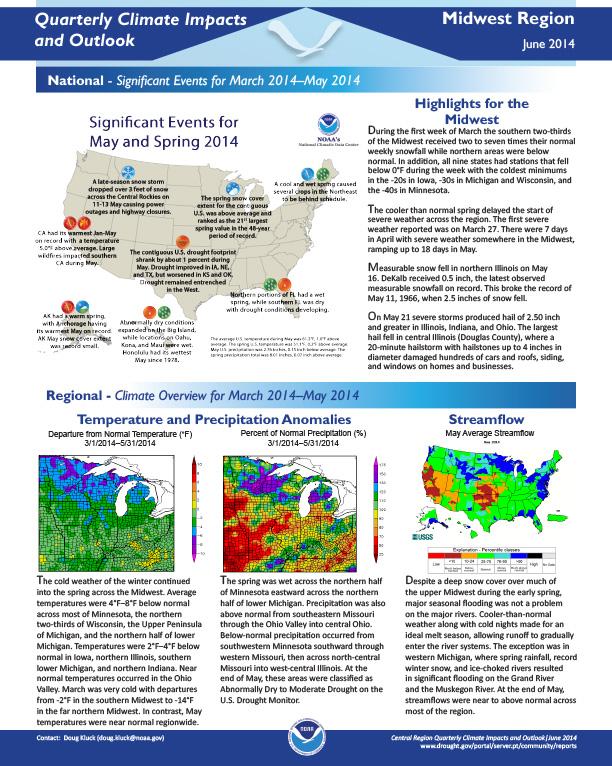 first page of two-pager on Quarterly Climate Impacts and Outlook for the Midwest Region, June 2014