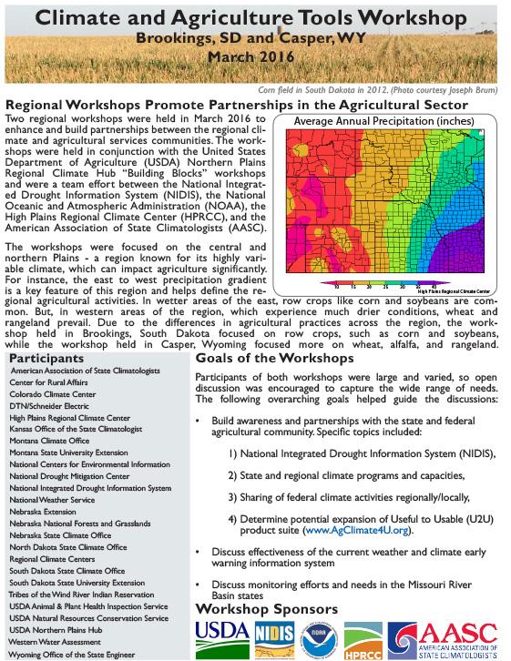 First page of two-pager shows text summary of meeting, map of average annual precipitation in the central and northern plains