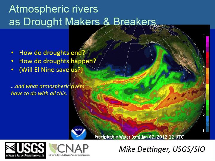 Opening slide for presentation on atmospheric rivers and their effects on droughts