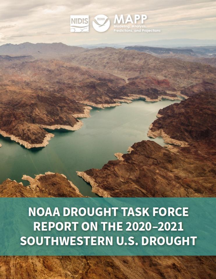 Cover page of the Drought Task Force Report, showing an aerial view of Lake Mead and the Hoover Dam