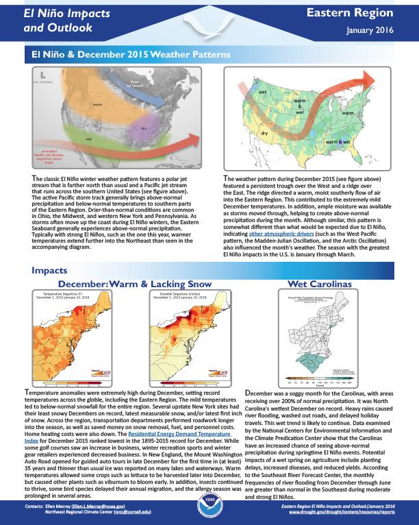 first page of two-page outlook on El Nino Impacts in the Eastern Region, January 2016